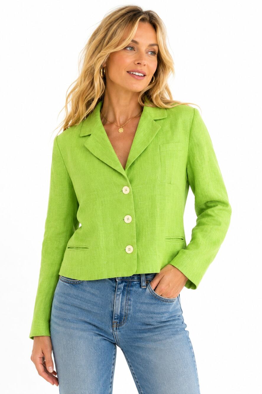 Vintage Lime Green Linen Cropped Blazer Womens Size 12 Minimalist Coastal Preppy